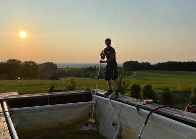 Poolreinigung bei Sonnenuntergang
